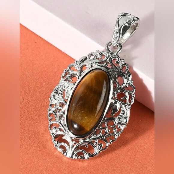 NIB Tiger's Eye Solitaire Pendant in Platinum Over Copper with Magnet Therapy - Picture 6 of 6